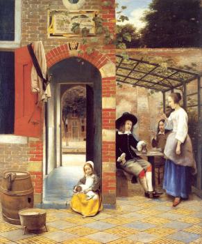 Pieter De Hooch : Figures Drinking in a Courtyard